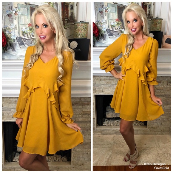 ❤️LAST 1! Mustard Fully Lined Ruffle Swing Dress! - Picture 2 of 5